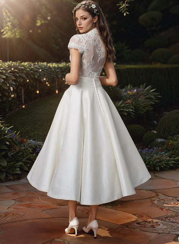 Carmen | Damen Spitzen-Top V-Ausschnitt Midi Hochzeitskleid
