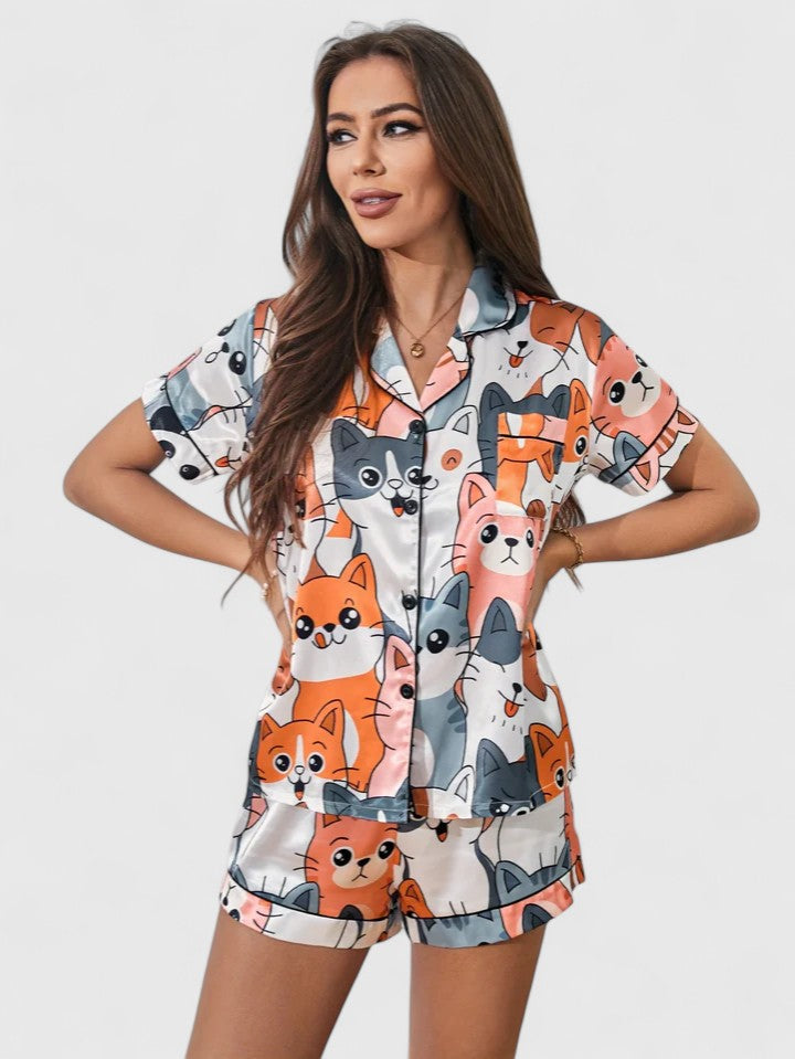 Elke | Damen Kurzarm-Pyjama-Set mit Katzenmotiv
