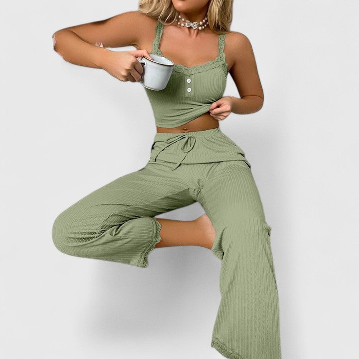 Yvonne | Damen Geripptes Pyjama-Set mit Spitzenbesatz