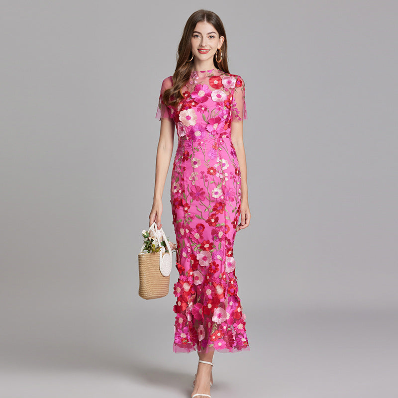 Verena | Damen Transparentes Maxikleid mit Blumenstickerei