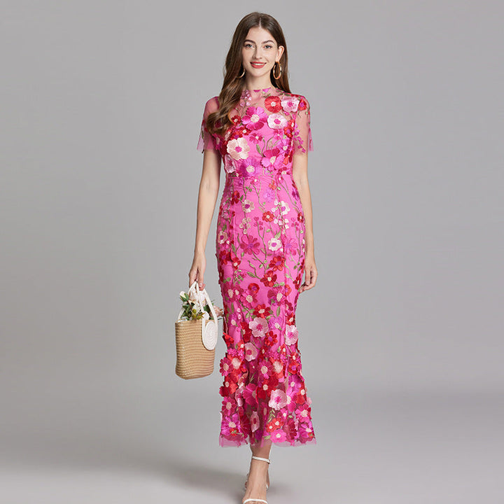 Verena | Damen Transparentes Maxikleid mit Blumenstickerei