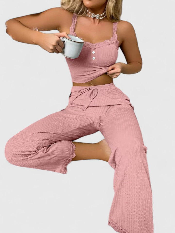 Yvonne | Damen Geripptes Pyjama-Set mit Spitzenbesatz