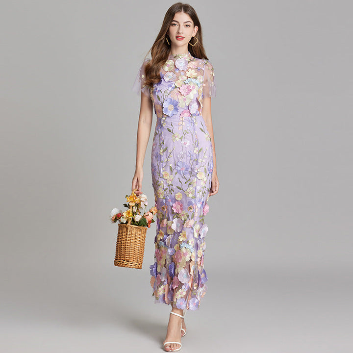 Verena | Damen Transparentes Maxikleid mit Blumenstickerei