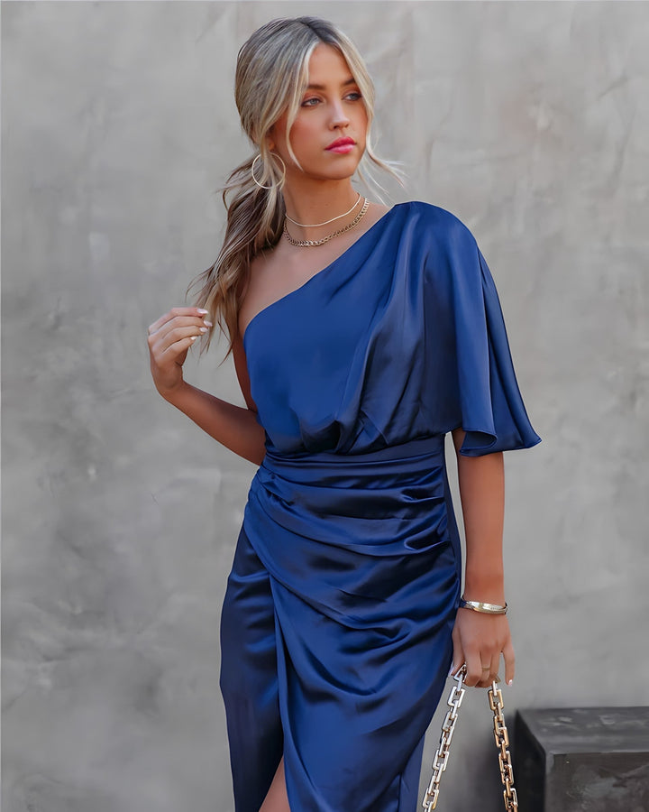 Stefanie | Damen Modernes Midikleid mit asymmetrischem Ärmel