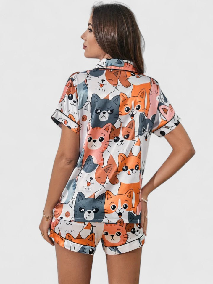 Elke | Damen Kurzarm-Pyjama-Set mit Katzenmotiv