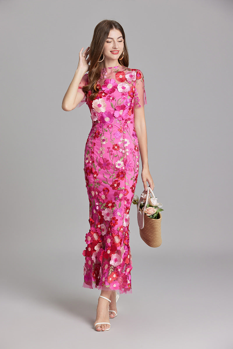 Verena | Damen Transparentes Maxikleid mit Blumenstickerei
