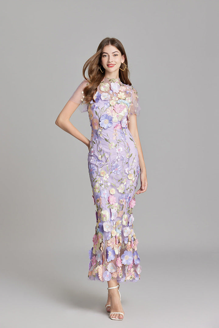 Verena | Damen Transparentes Maxikleid mit Blumenstickerei