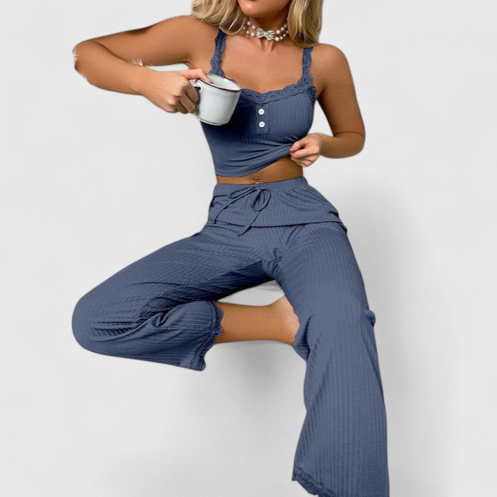 Yvonne | Damen Geripptes Pyjama-Set mit Spitzenbesatz