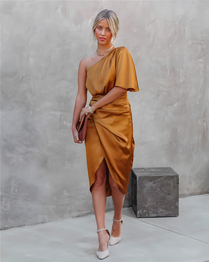 Stefanie | Damen Modernes Midikleid mit asymmetrischem Ärmel