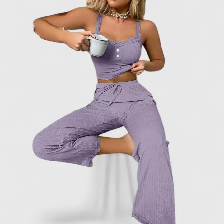 Yvonne | Damen Geripptes Pyjama-Set mit Spitzenbesatz