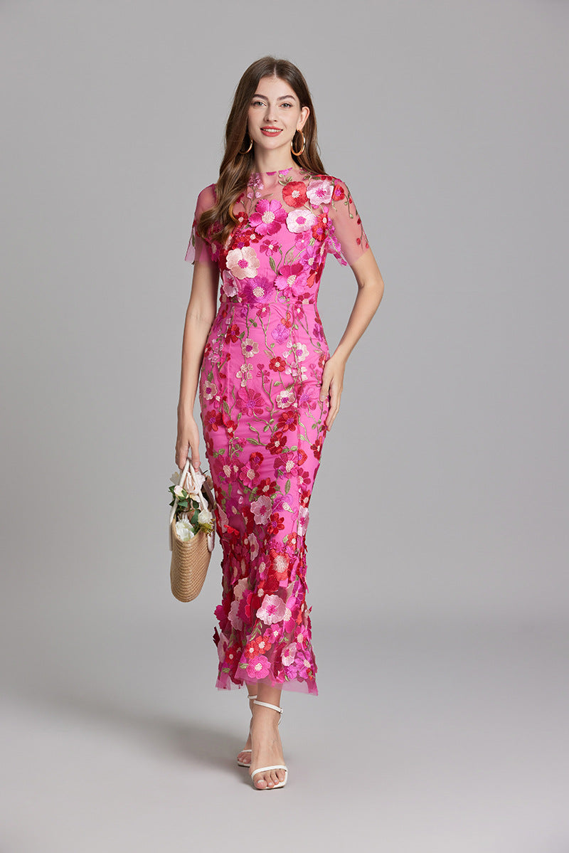 Verena | Damen Transparentes Maxikleid mit Blumenstickerei