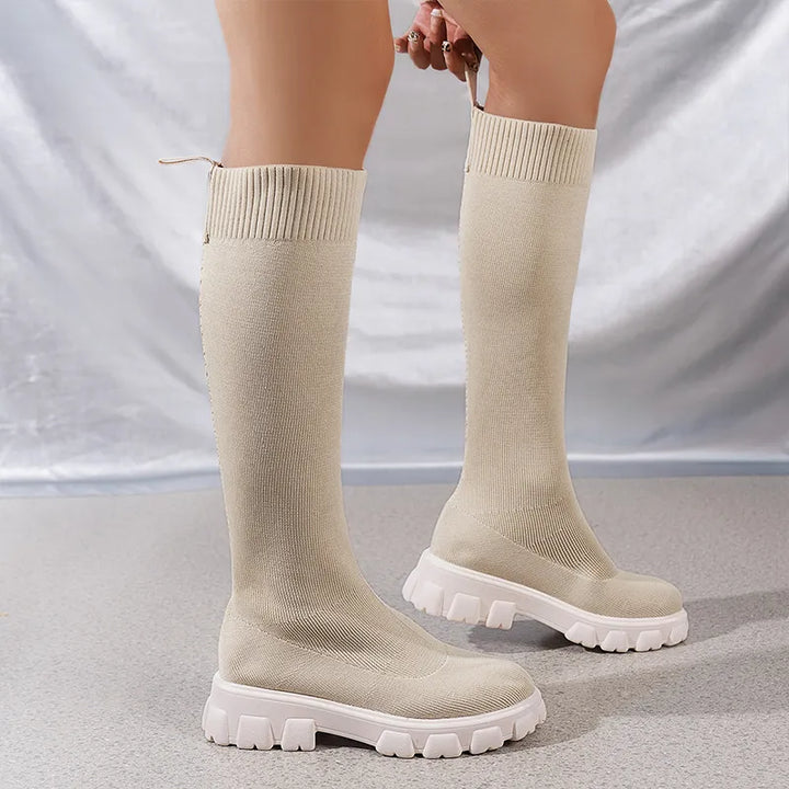Dagny | Dame Trendy Knestøvler med Strikket Design