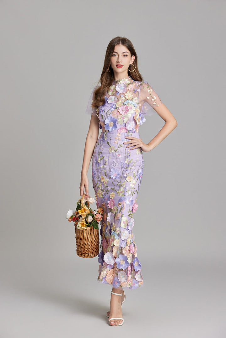 Verena | Damen Transparentes Maxikleid mit Blumenstickerei