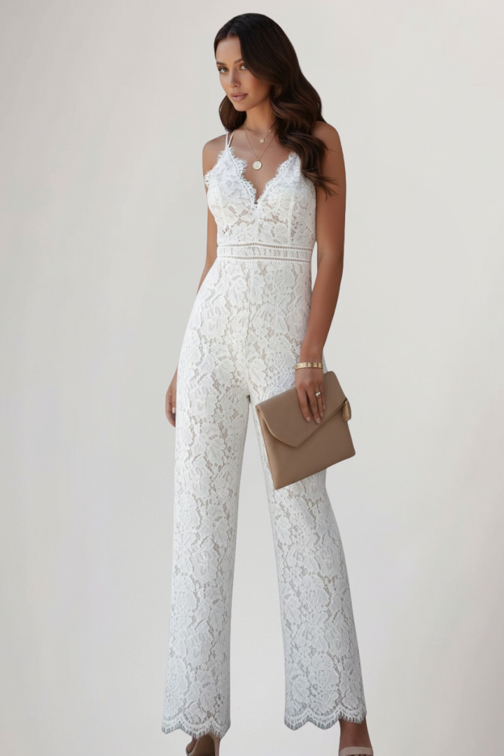 Johanna | Damen Ärmelloser Spitzen-V-Ausschnitt Wide-Leg Jumpsuit