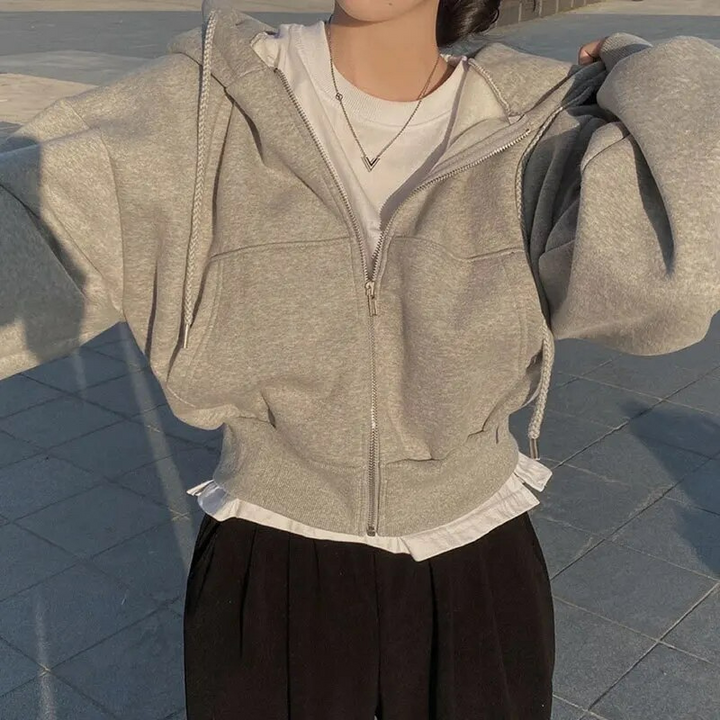 Elsa | Damen Lässiges Kurzes Kapuzen-Sweatshirt mit Reißverschluss