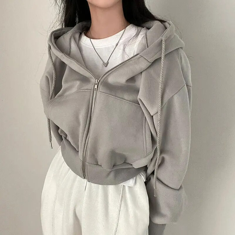 Elsa | Damen Lässiges Kurzes Kapuzen-Sweatshirt mit Reißverschluss