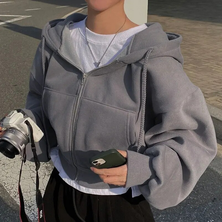 Elsa | Damen Lässiges Kurzes Kapuzen-Sweatshirt mit Reißverschluss