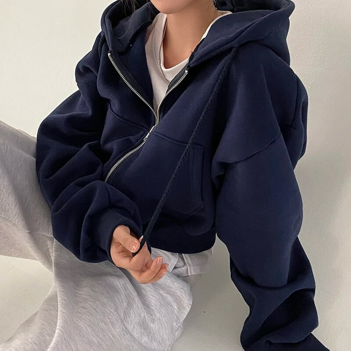 Elsa | Damen Lässiges Kurzes Kapuzen-Sweatshirt mit Reißverschluss