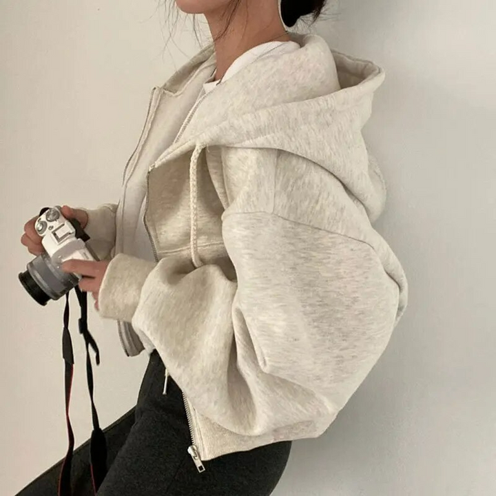 Elsa | Damen Lässiges Kurzes Kapuzen-Sweatshirt mit Reißverschluss