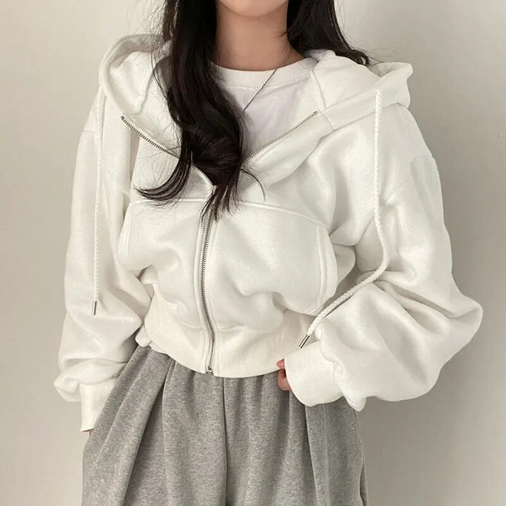 Elsa | Damen Lässiges Kurzes Kapuzen-Sweatshirt mit Reißverschluss