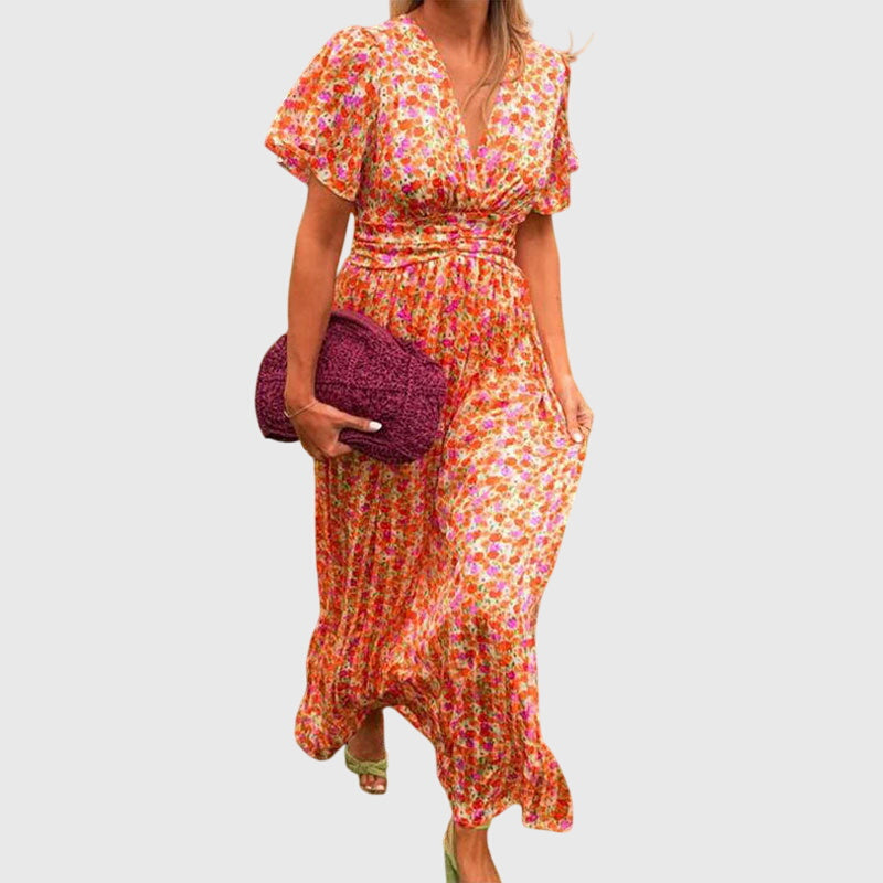 Regine | Damen Maxikleid mit Blumenmuster und Kurzärmeln