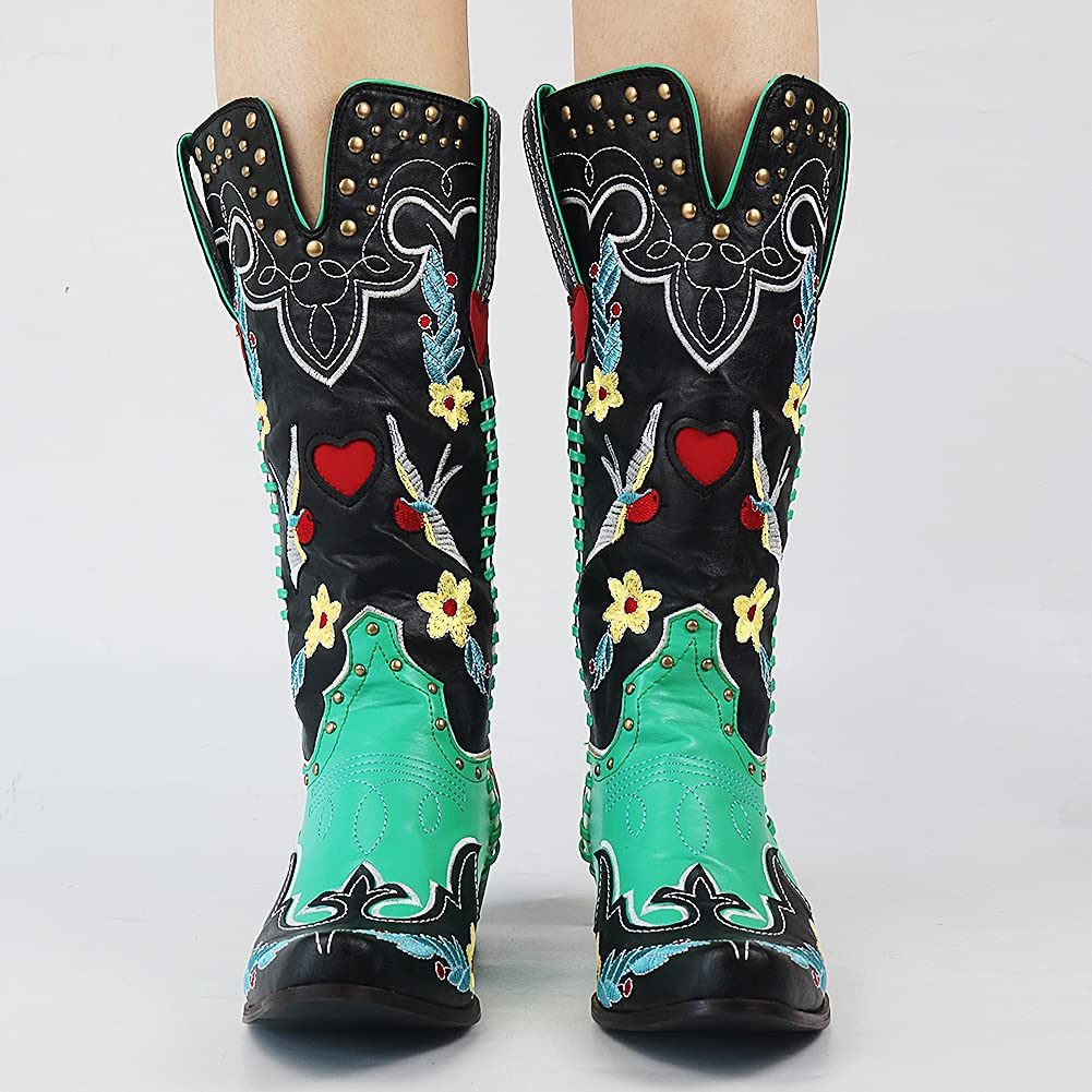 Elfriede | Damen Stilvolle Bestickte Cowboy-Stiefel mit Blumenmuster