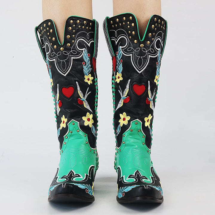 Elfriede | Damen Stilvolle Bestickte Cowboy-Stiefel mit Blumenmuster
