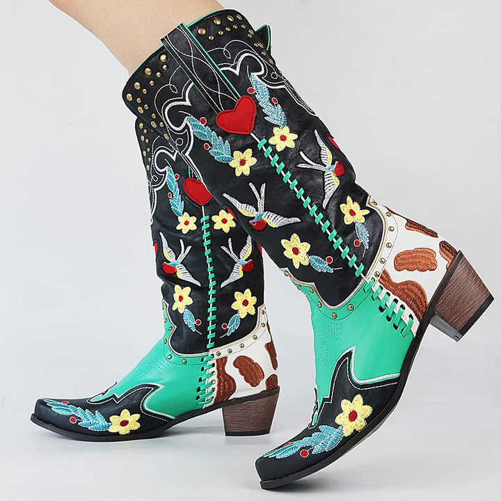 Elfriede | Damen Stilvolle Bestickte Cowboy-Stiefel mit Blumenmuster