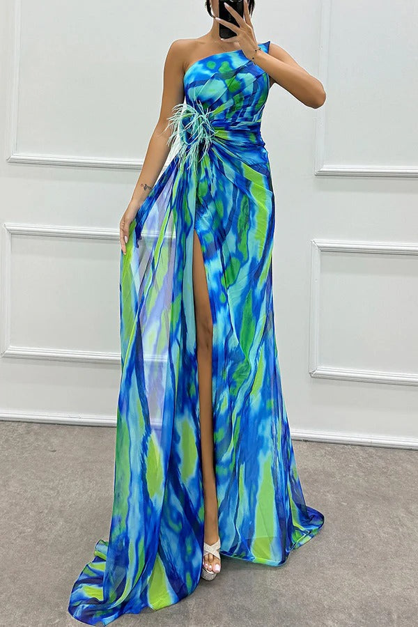 Sabine | Damen Schulterfreies Abendkleid mit hohem Schlitz in Maxilänge