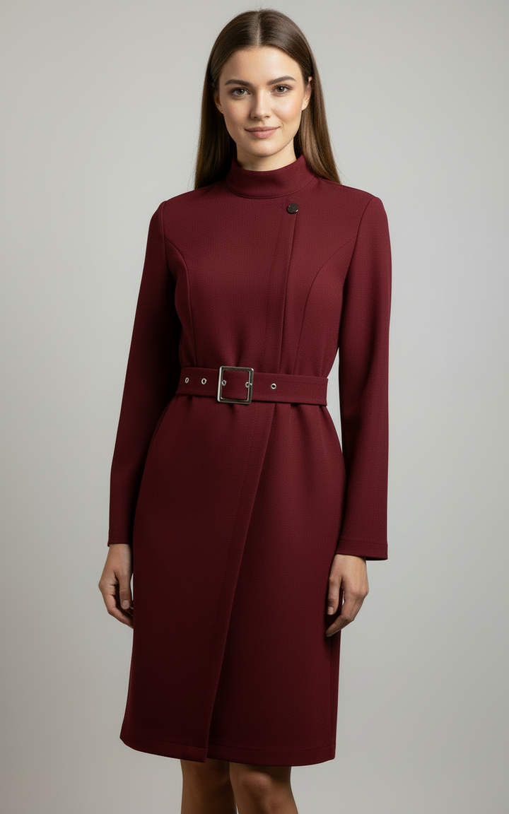 Karin | Damen Winter-Gürtel-Midikleid im Mantelstil