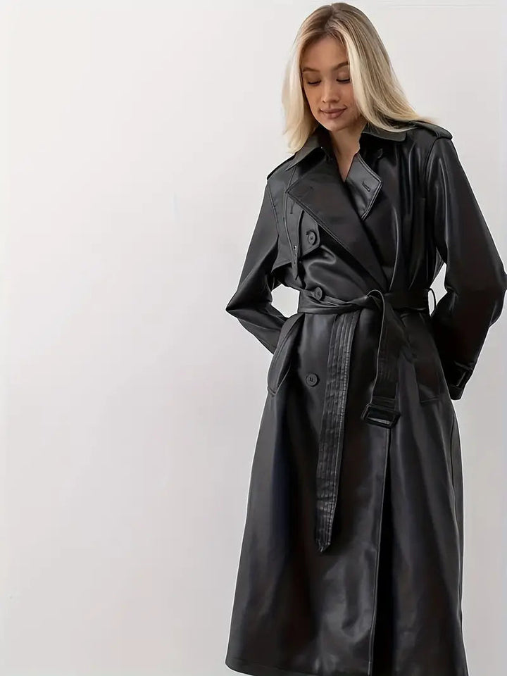 Edith | Damen Langer Gürtetragender Kunstleder Trenchcoat