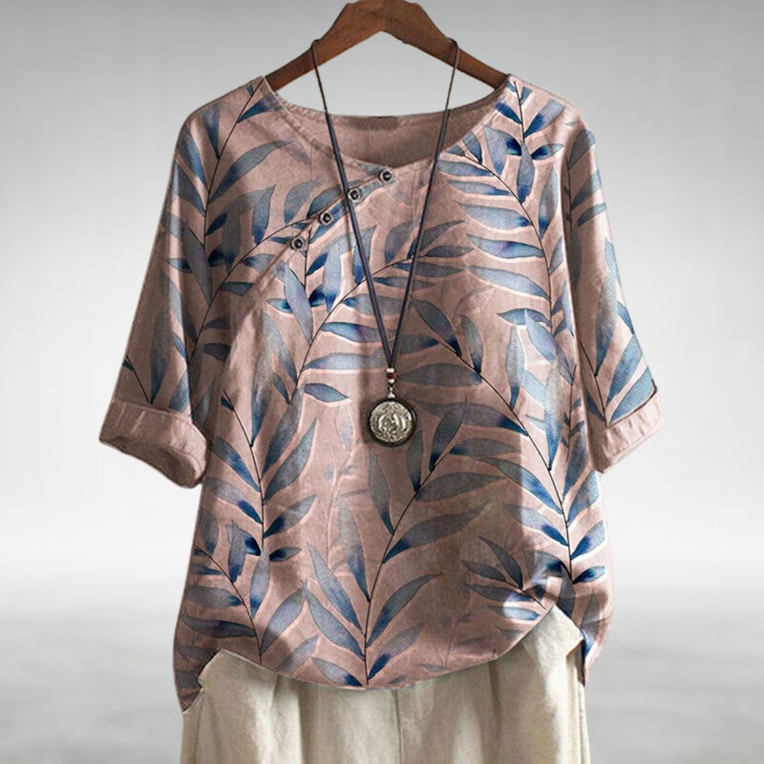 Amalie | Avslappet Bluse med Bladtrykk og Knapper for Kvinner