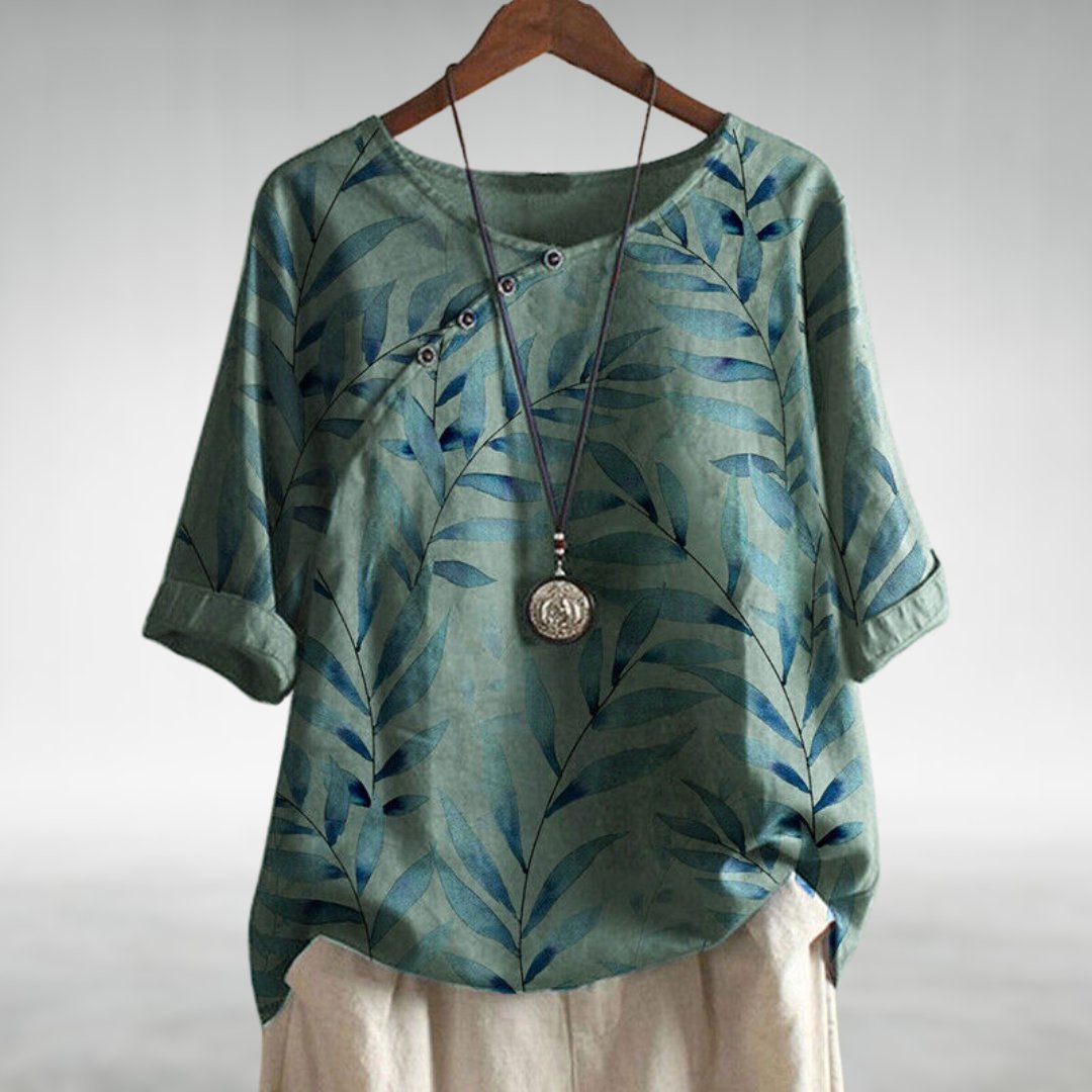 Amalie | Avslappet Bluse med Bladtrykk og Knapper for Kvinner