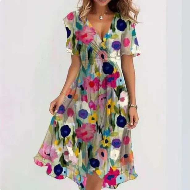 Alina | Damen Kurzarm Blumen Wickel-Midikleid