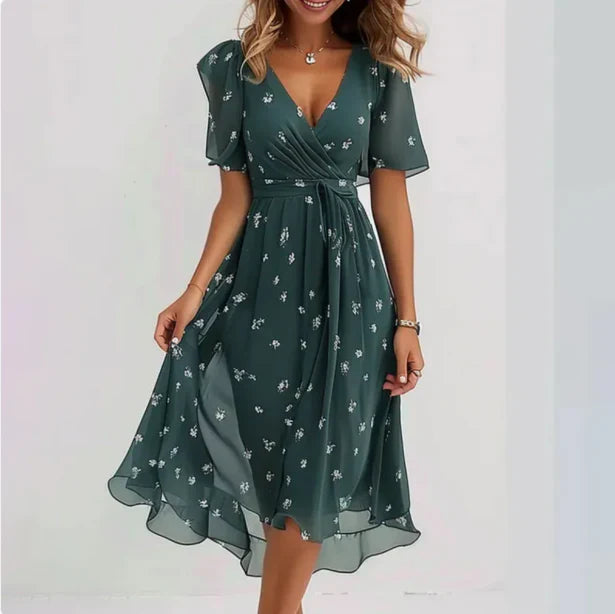 Alina | Damen Kurzarm Blumen Wickel-Midikleid