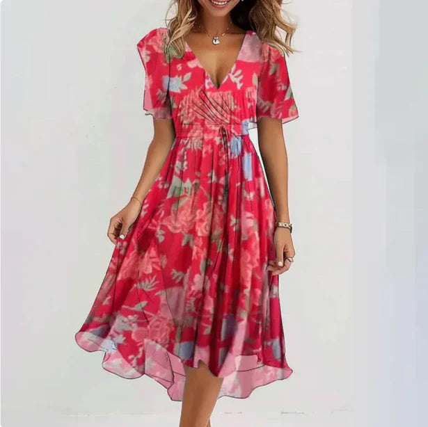 Alina | Damen Kurzarm Blumen Wickel-Midikleid