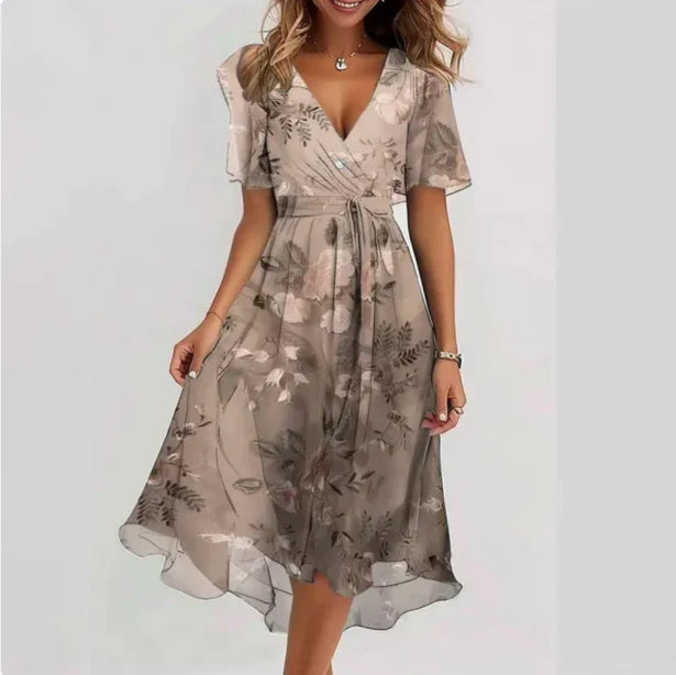 Alina | Damen Kurzarm Blumen Wickel-Midikleid