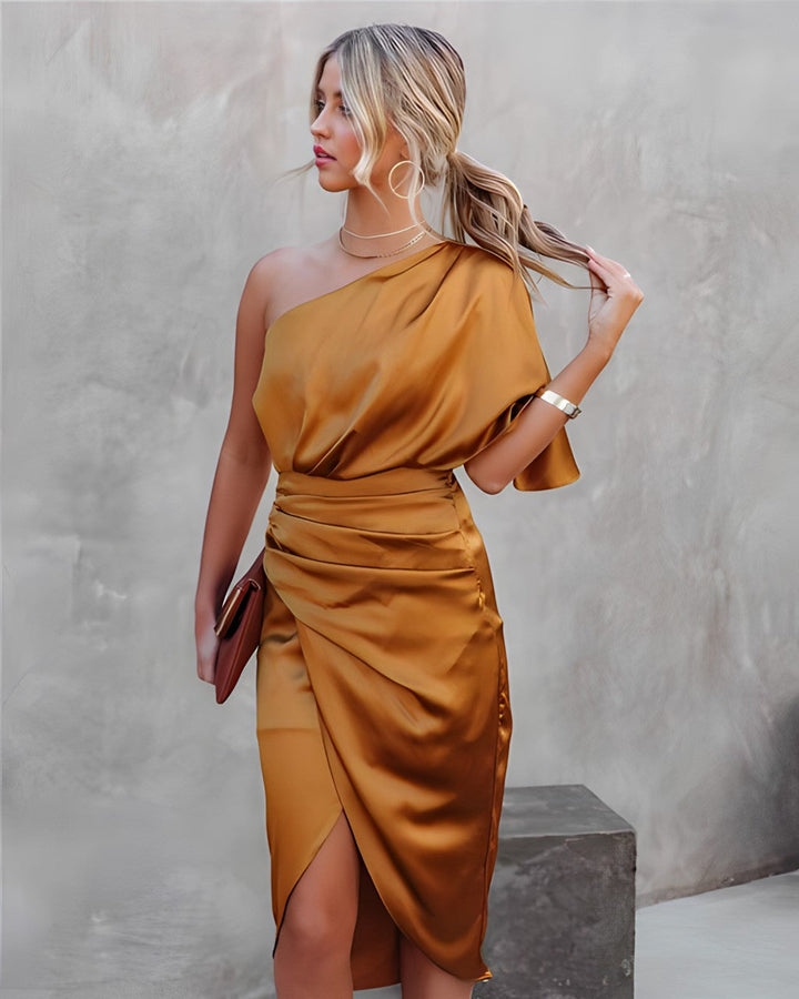 Stefanie | Damen Modernes Midikleid mit asymmetrischem Ärmel