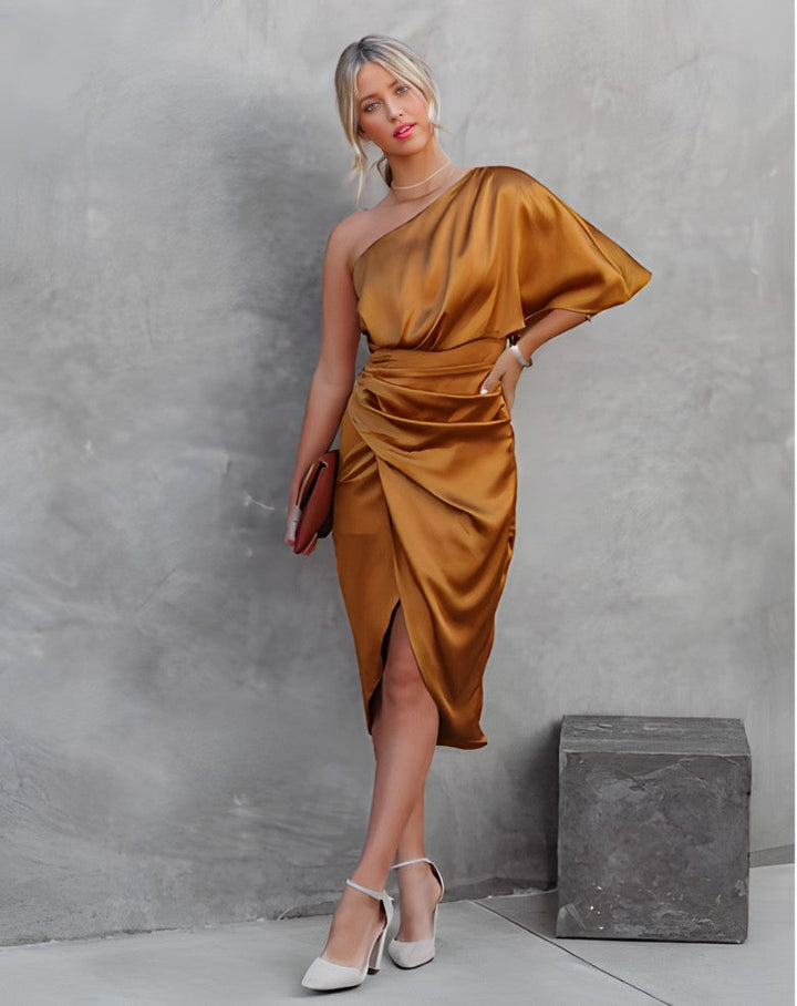 Stefanie | Damen Modernes Midikleid mit asymmetrischem Ärmel