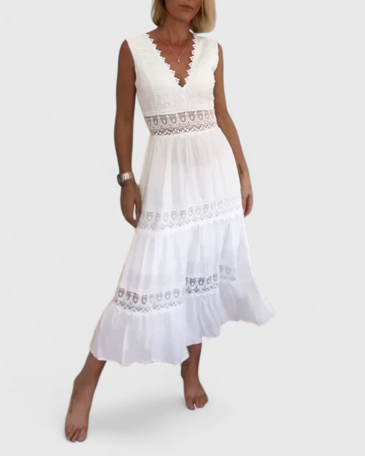 Emilia | Damen Ärmelloses Midikleid mit V-Ausschnitt und Spitzenbesatz