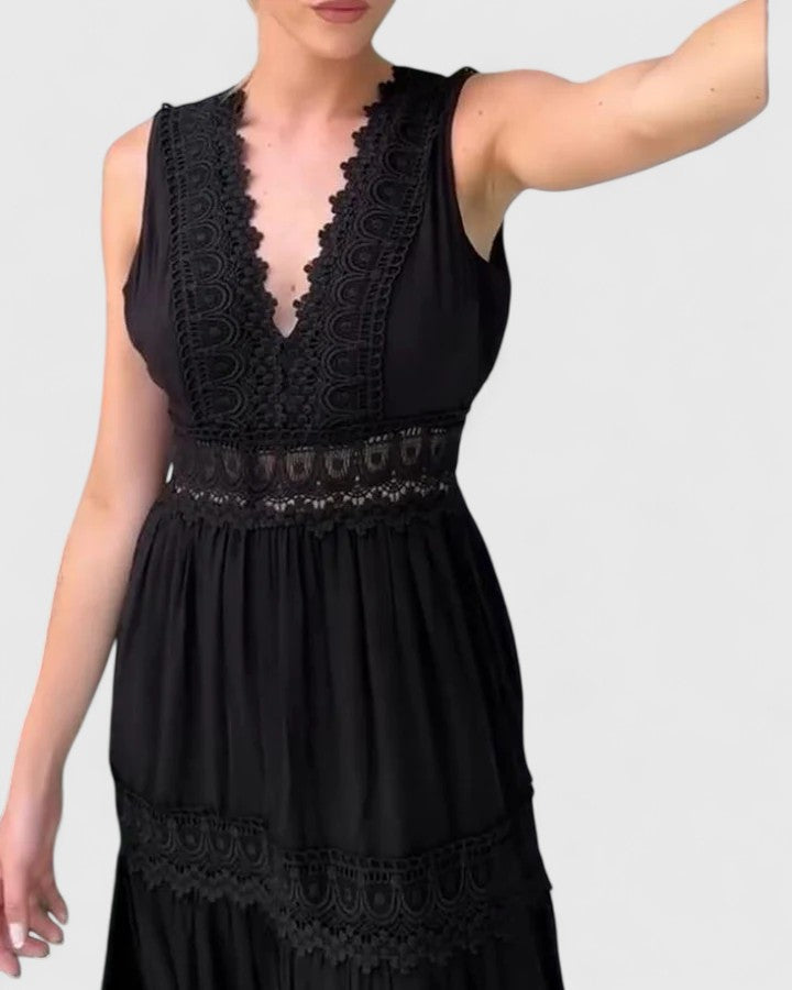 Emilia | Damen Ärmelloses Midikleid mit V-Ausschnitt und Spitzenbesatz