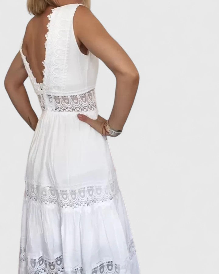 Emilia | Damen Ärmelloses Midikleid mit V-Ausschnitt und Spitzenbesatz