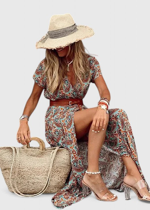 Anke | Damen Lässiges Boho-Maxikleid mit V-Ausschnitt