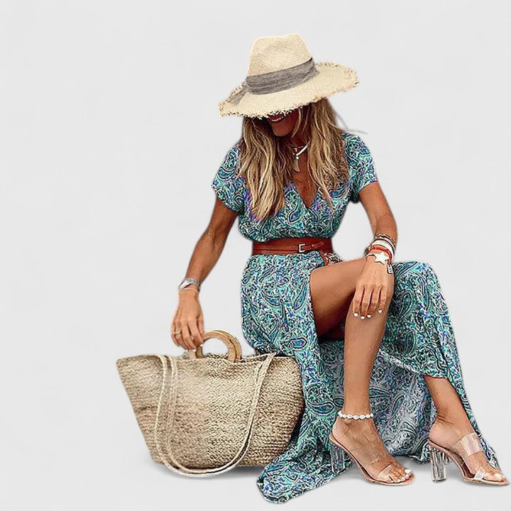 Anke | Damen Lässiges Boho-Maxikleid mit V-Ausschnitt